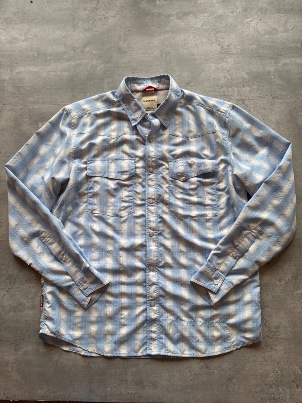 Simms Mens Long Sleeve Plaid Button-Up Shirt Blue/White Size Medium Fishing Outd